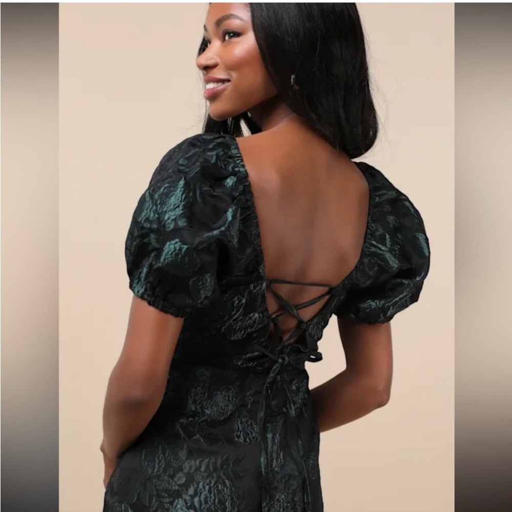 Lulus Majorly Fabulous Black Emerald Green Floral Trumpet Midi Dress - L - Picture 2 of 4